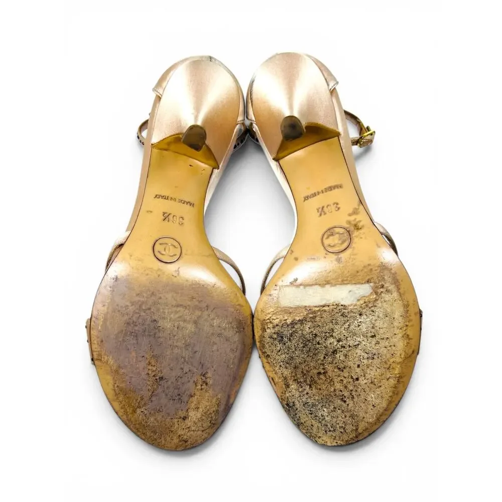 Chanel Crystal Camellia Satin Strass Ankle Strap Heels Champagne Gold EU 36.5